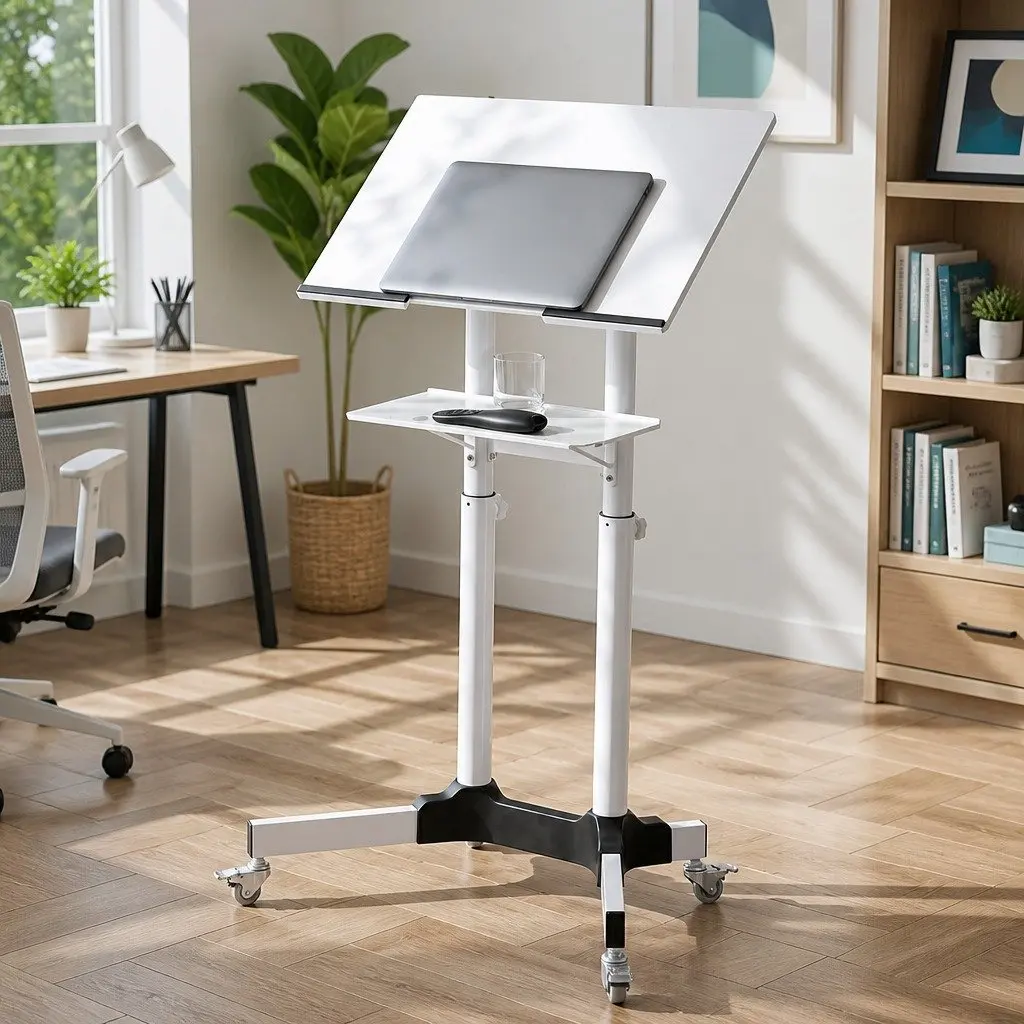 Mobile Lectern Stand Adjustable Height Sit-to-Stand Presentation Podium with Tilting Tabletop and Locking Wheels