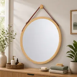 Hanging Wall Mirror 45cm Round Bamboo Frame Adjustable Leather Strap Bathroom