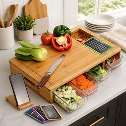 Bamboo Cutting Board Set with Trays & Mobile Holder