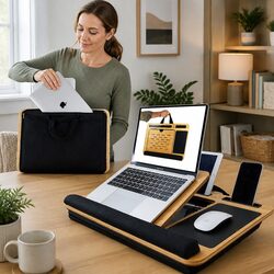Bamboo Laptop Lap Desk Angle Adjustable with Cushion Tablet Phone Holder Sleeve