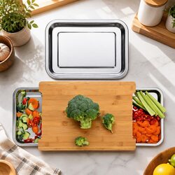 Bamboo Chopping Board with 2 Slide-Out Stainless Steel Trays Food Prep Kitchen