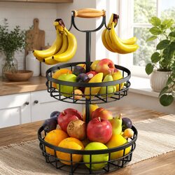 2-Tier Fruit Basket Bowl Storage with Wood Lift Handle Banana Tree Hanger
