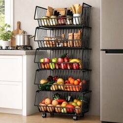 Metal 5-Tier Rolling Kitchen Fruit Vegetable Basket Cart with Lockable Wheels