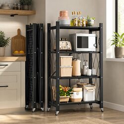 4-Tier Foldable Storage Shelf with Wheels Black Kitchen Garage Pantry Basement