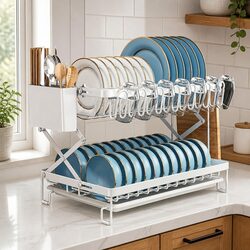 2-Tier Dish Drying Rack with Drainage Tray Utensil Holder Cup Hooks Cutting