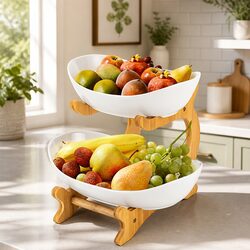2-Tier Ceramic Fruit Bowl with Bamboo Stand Kitchen Counter Snack Tray Dessert