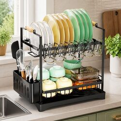 2-Tier Dish Drying Rack Large Drainboard Utensil Holder Glass Hooks Cutlery