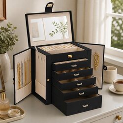 Large Jewelry Box for Women 6 Drawers Mirror Lock Necklace Hooks Storage