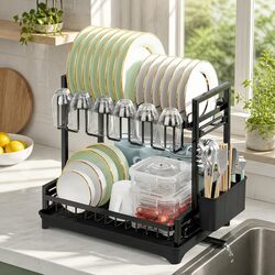Dish Drying Rack 2-Tier Kitchen Drainer Drainboard Utensil Holder Cup Rack