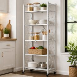 5-Tier Foldable Storage Shelf with Wheels White Kitchen Garage Pantry Organiser