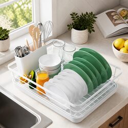 Dish Drying Rack Kitchen Counter Two-Level Organizer Removable Drip Tray Utensil