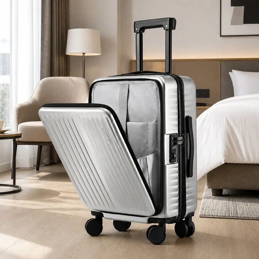 20 Inch Carry On Suitcase Front Pocket Luggage with Quick Access Laptop Compartment Silver
