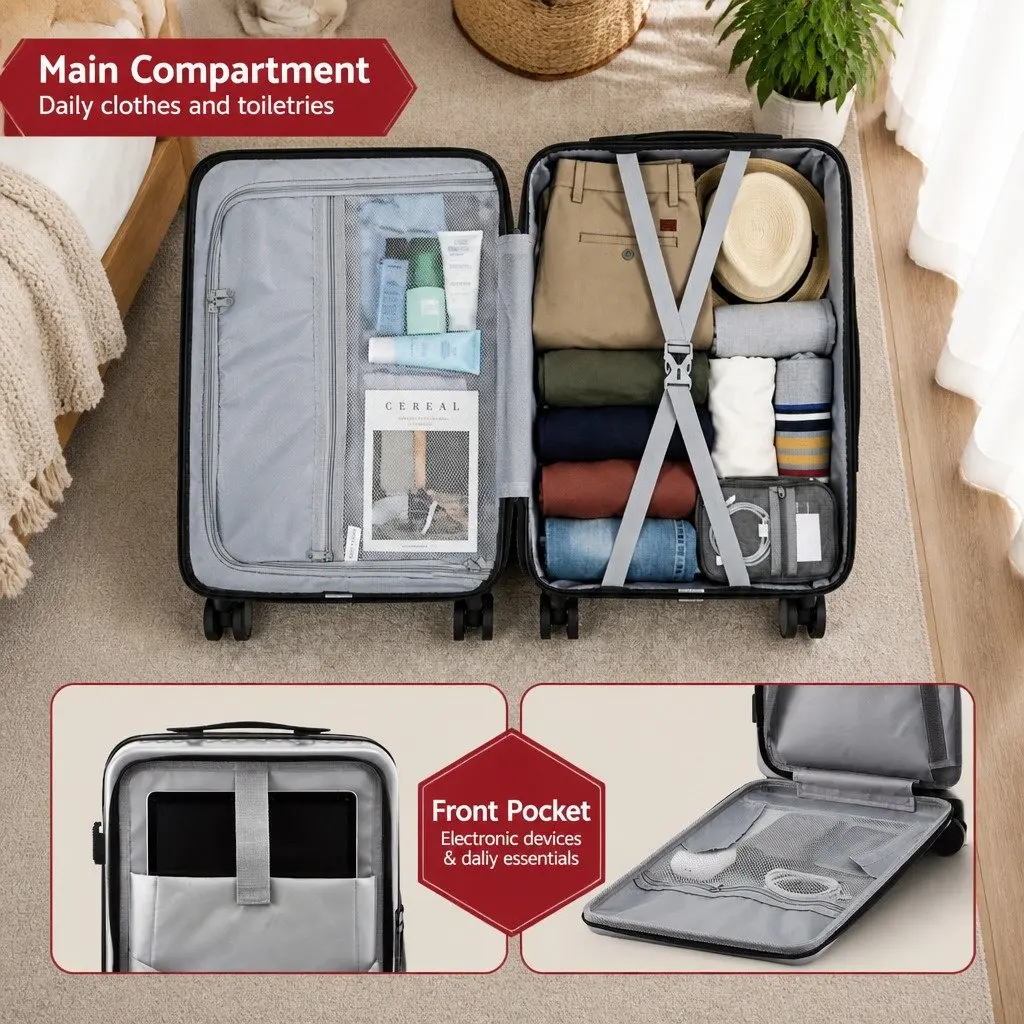 20 Inch Carry On Suitcase Front Pocket Luggage with Quick Access Laptop Compartment Silver