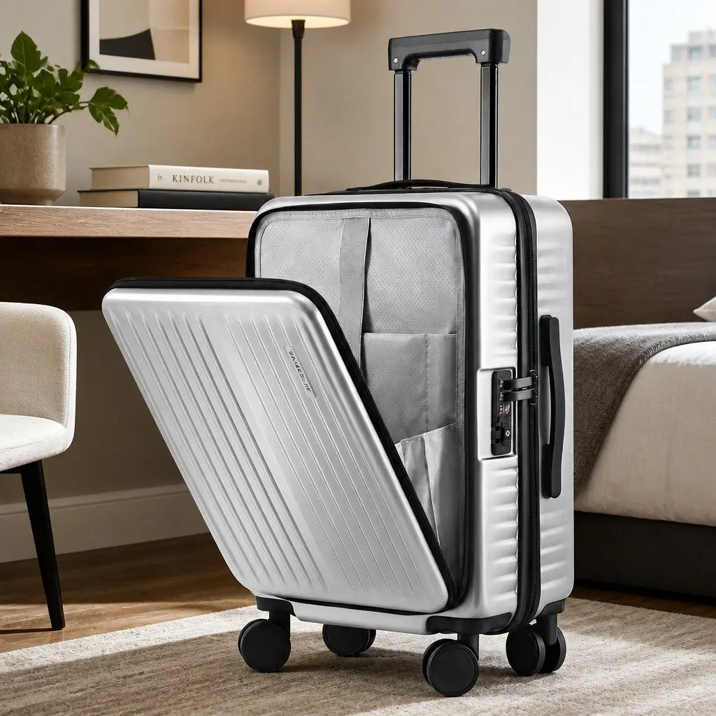 20 Inch Carry On Suitcase Front Pocket Luggage with Quick Access Laptop Compartment Silver