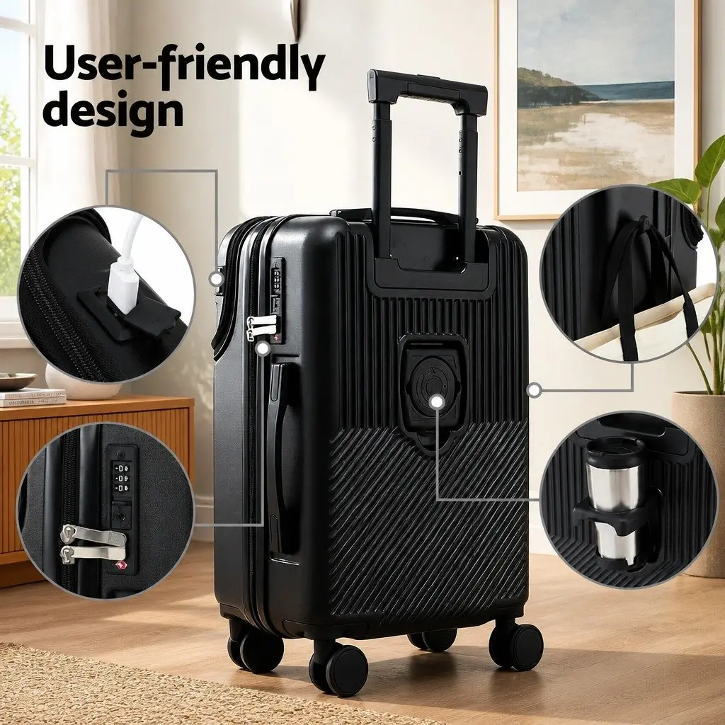 20 Inch Carry On Luggage Suitcase Front Pocket Quick Access Laptop Compartment Black Travel Case Spinner