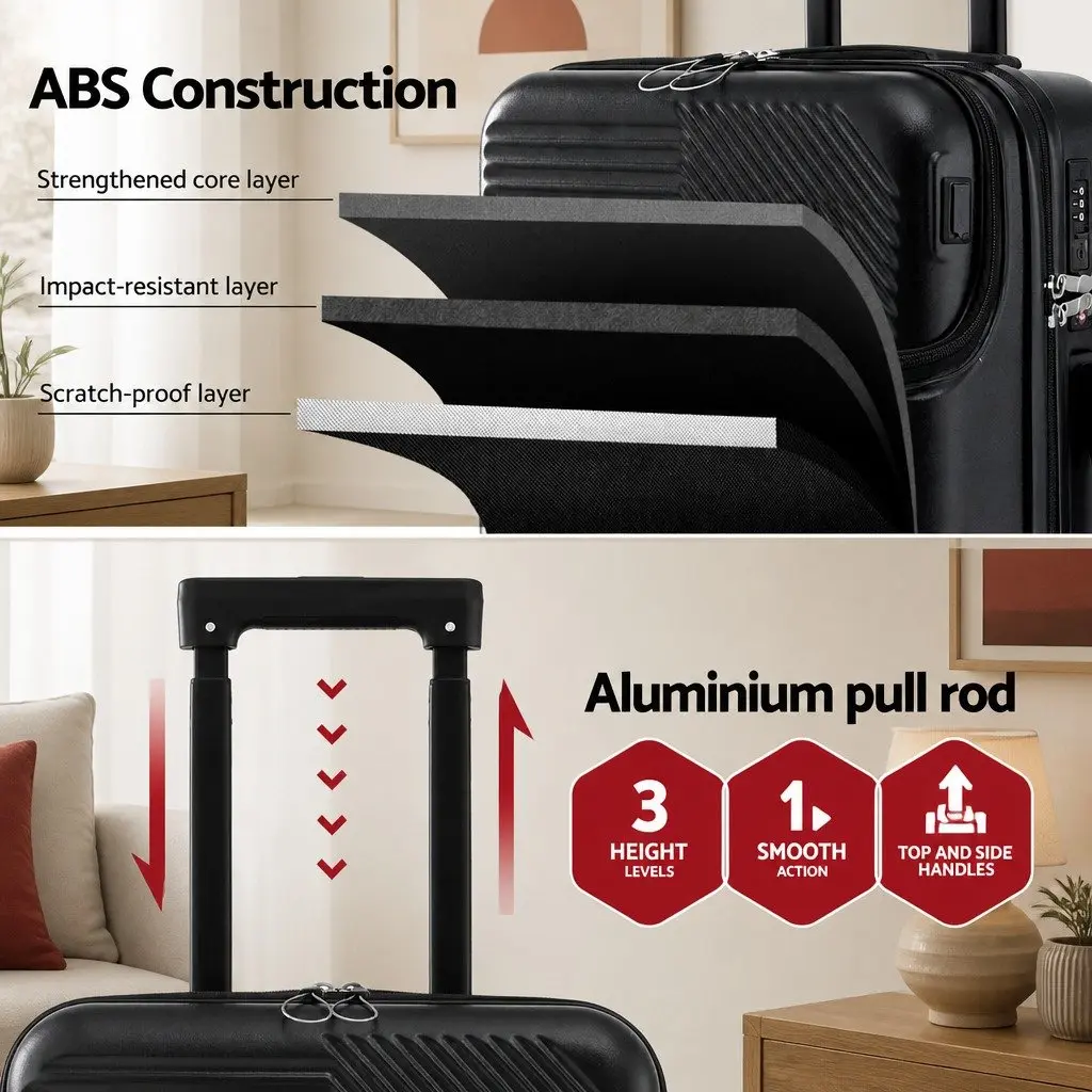 20 Inch Carry On Luggage Suitcase Front Pocket Quick Access Laptop Compartment Black Travel Case Spinner