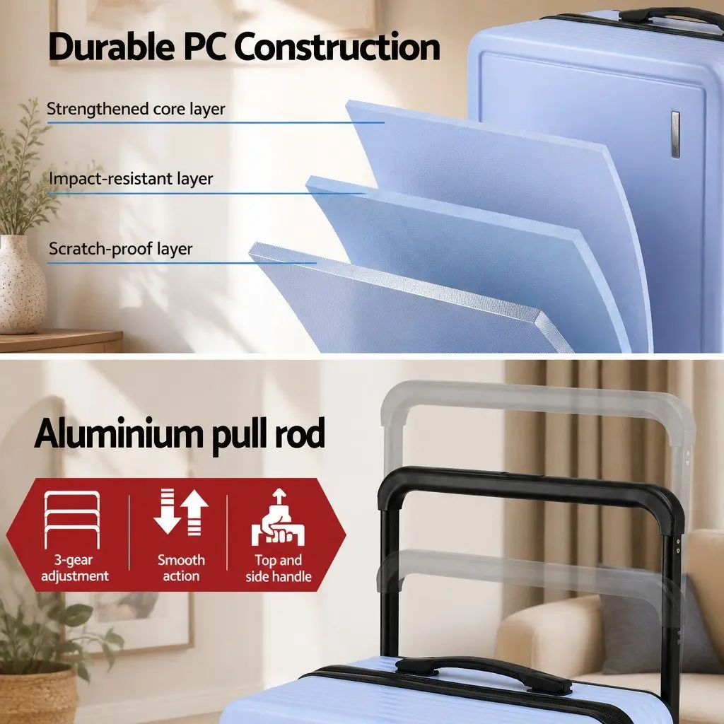 28 Inch Suitcase Wide Handle Luggage Travel Trolley Case TSA Lock Light Blue