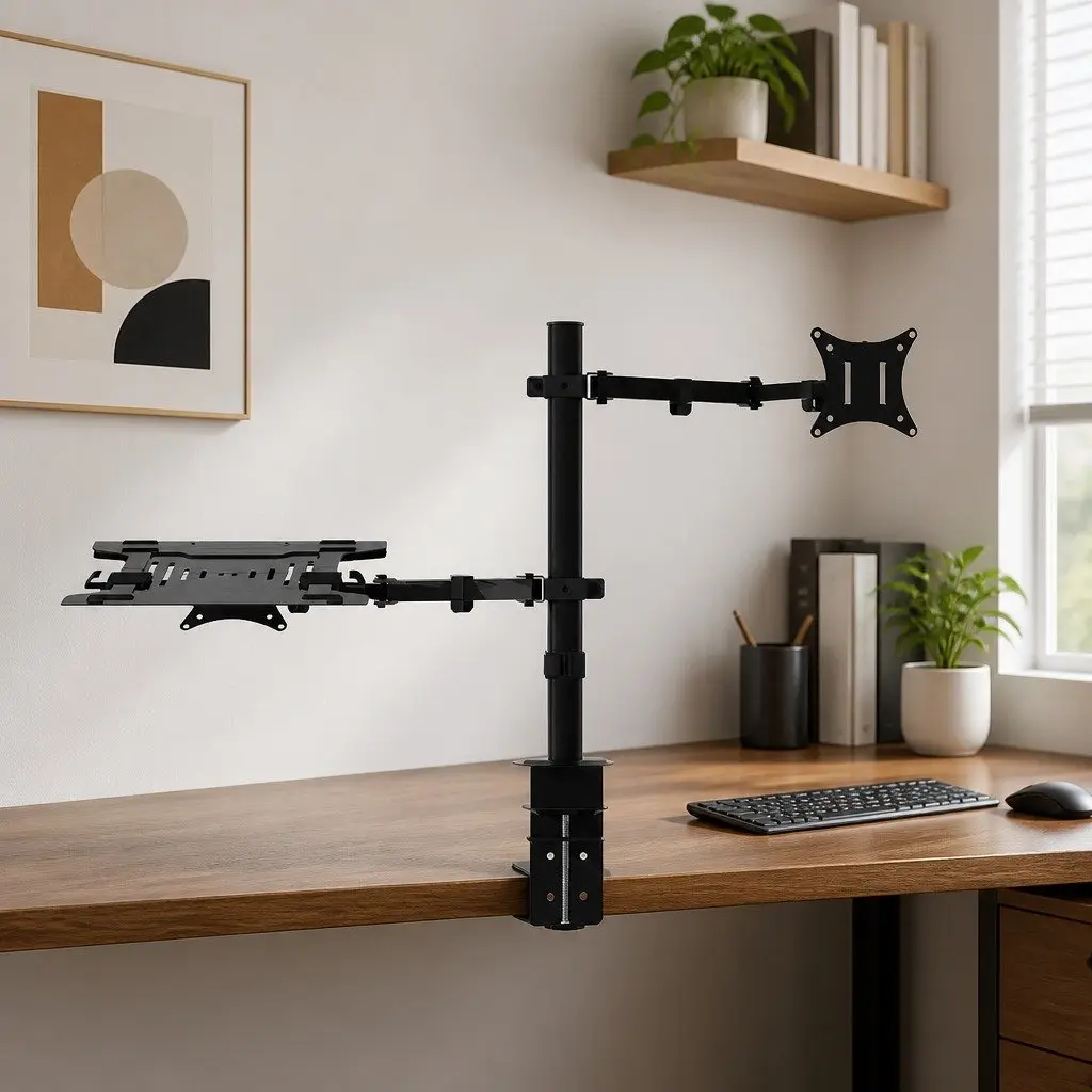 Dual Monitor Arm Desk Mount with Laptop Tray Black Fully Adjustable VESA