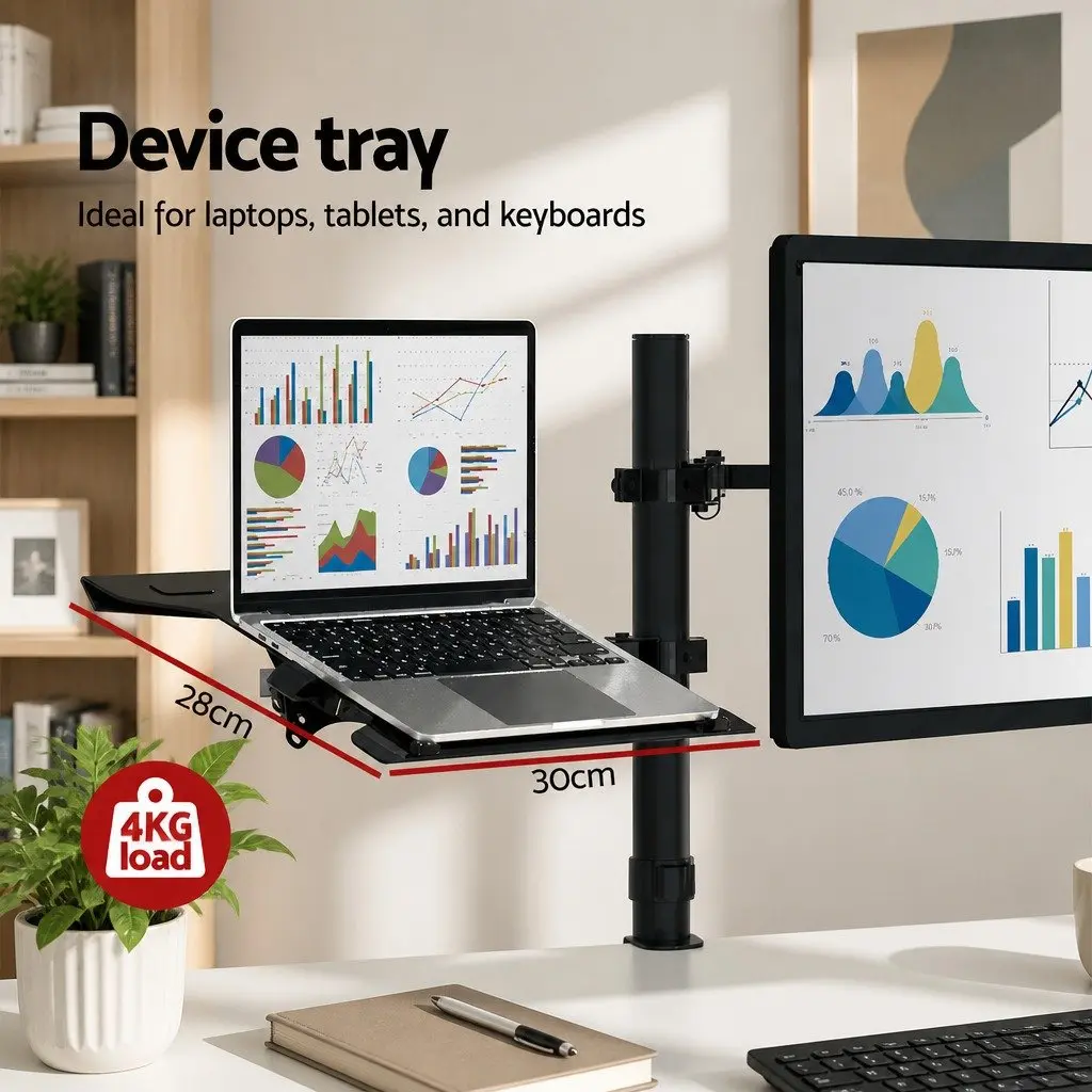 Dual Monitor Arm Desk Mount with Laptop Tray Black Fully Adjustable VESA