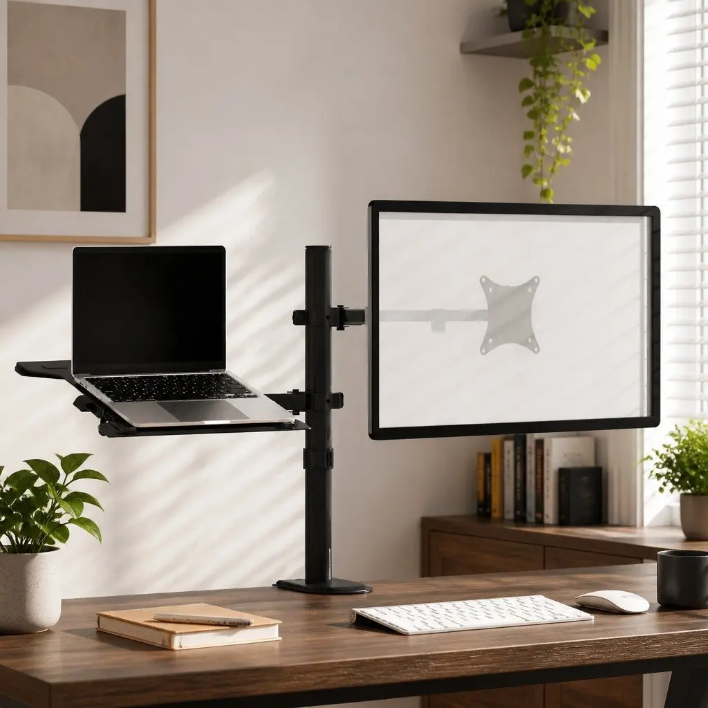 Dual Monitor Arm Desk Mount with Laptop Tray Black Fully Adjustable VESA