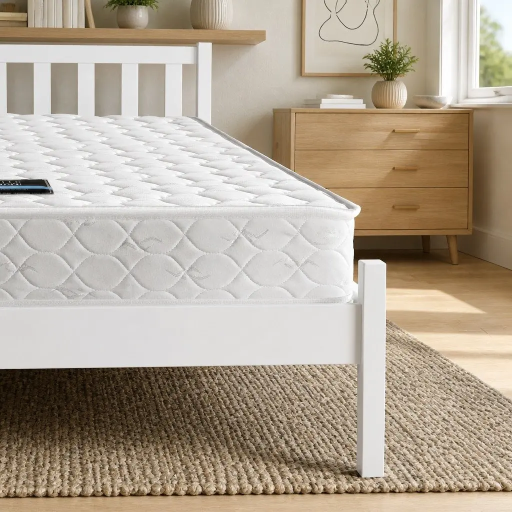 Double Mattress with Wooden Bed Frame Natural Pine Timber Base Medium-Firm Feel Hypoallergenic Dust Mite Resistant White Bedroom