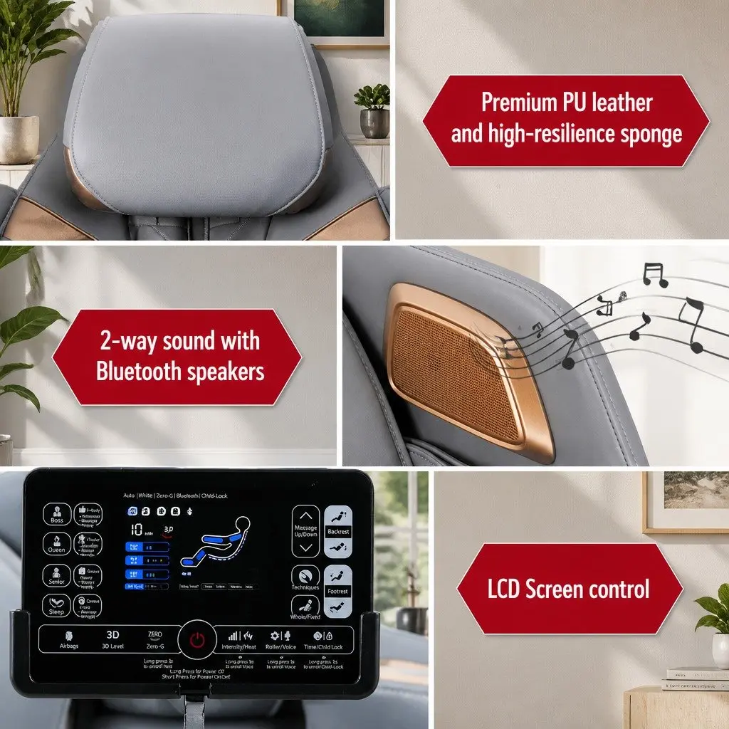 Electric Massage Chair Full Body Heat Therapy Bluetooth Speaker 135cm SL Track Adjustable Airbags