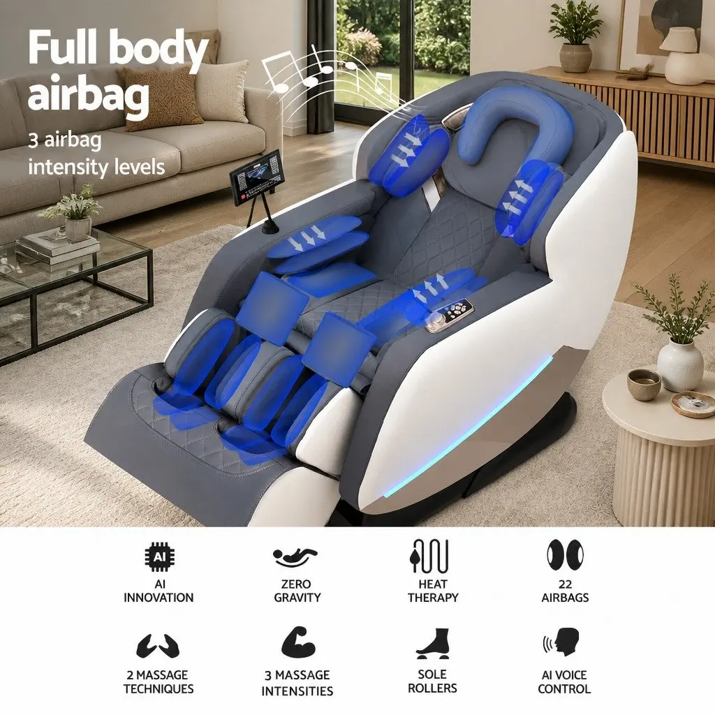 Electric Massage Chair Grey Full Body Zero Gravity Recliner with Automatic Massage Programs and AI Voice Control