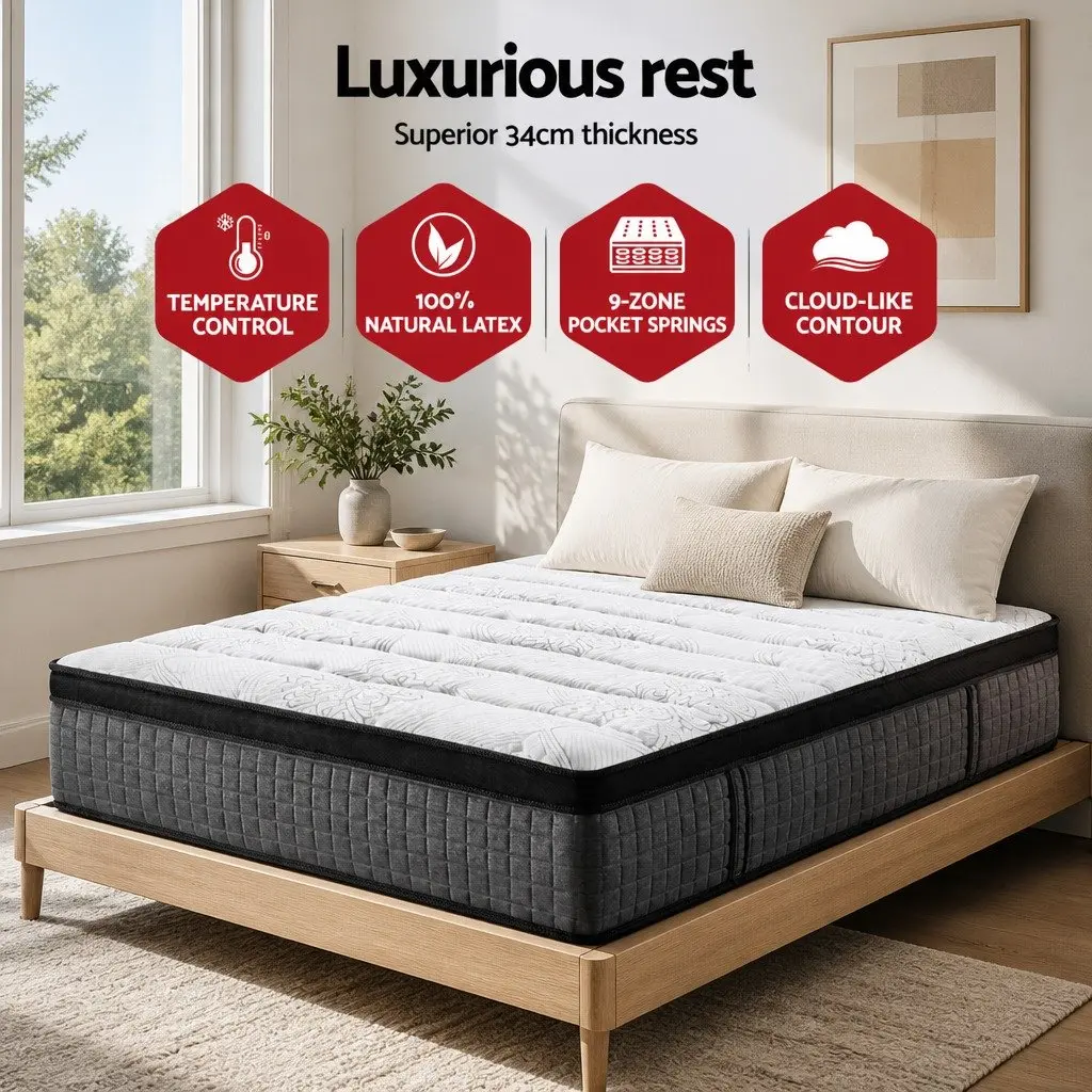 Single Mattress 34cm Euro Top 9 Zone Pocket Spring Latex Foam Medium Firm Hypoallergenic