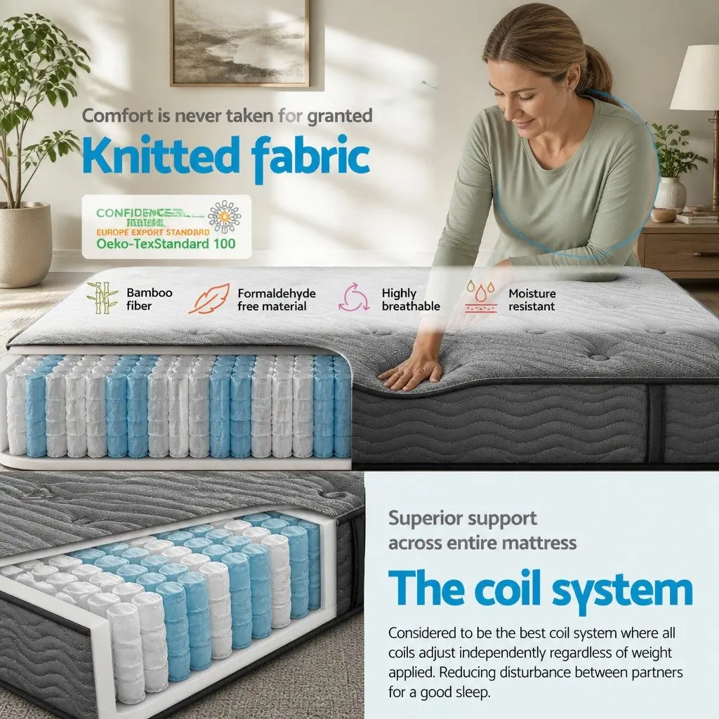 Single Mattress 34cm Medium-Firm Pocket Spring Euro Top Bamboo Charcoal Grey
