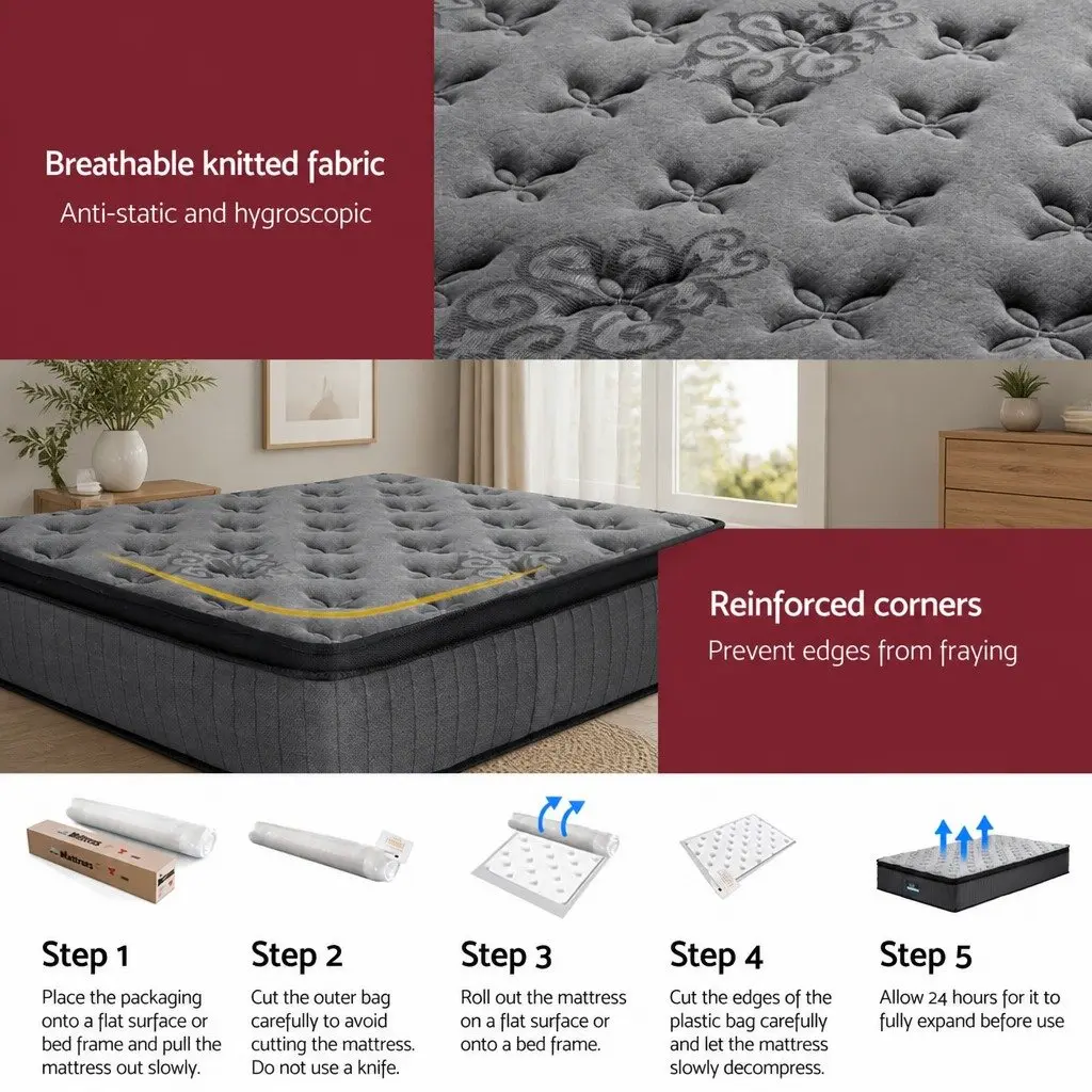 King Single Mattress 34cm Euro Top Medium-Firm Pocket Spring Memory Foam Grey
