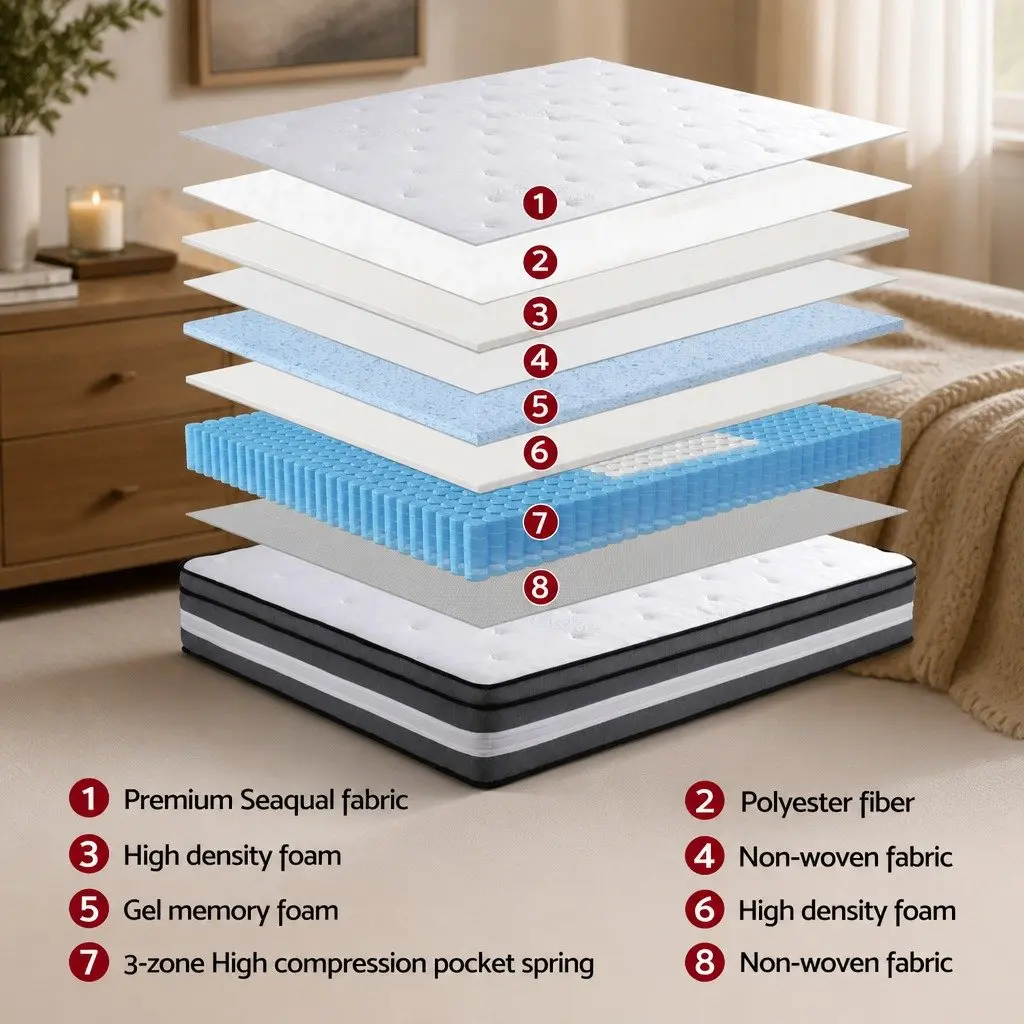 Double Mattress 30cm Grey Euro Top Cooling Gel Memory Foam Pocket Spring Medium Firm