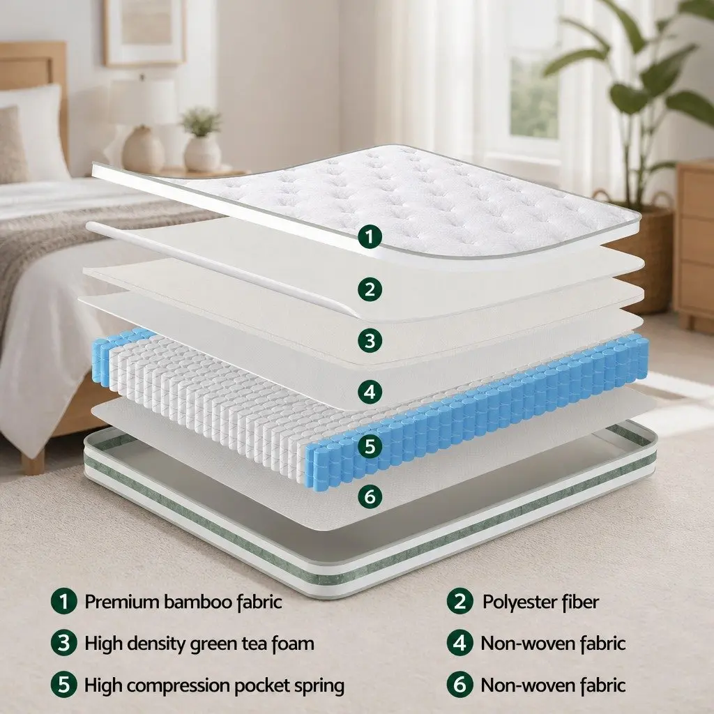 King Size Mattress 20cm Medium Firm Euro Top Green Tea Foam Pocket Spring