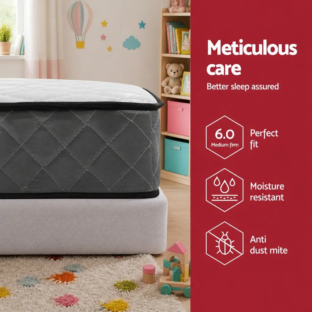 Single Mattress 16cm Bonnell Spring Medium Firm Support Breathable Hypoallergenic Dust Mite Resistant