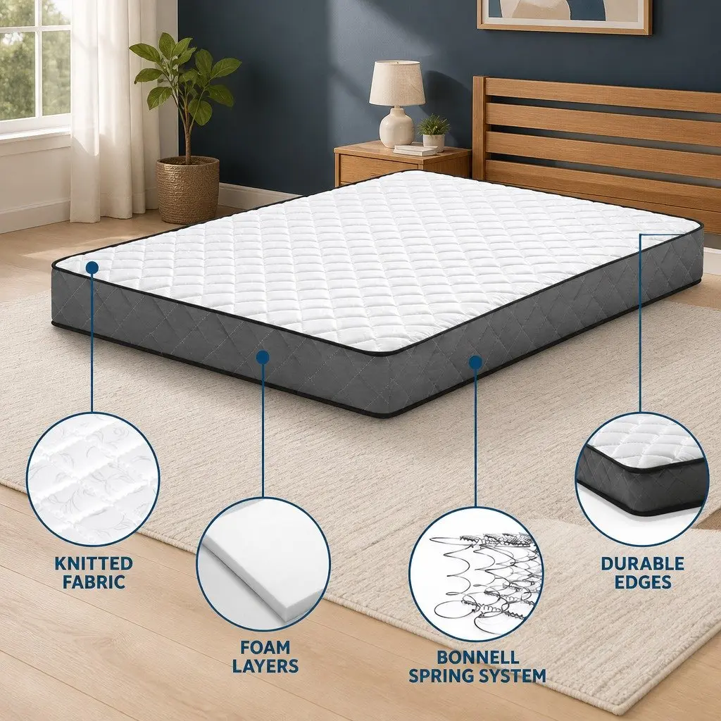 Single Mattress 16cm Bonnell Spring Medium Firm Support Breathable Hypoallergenic Dust Mite Resistant
