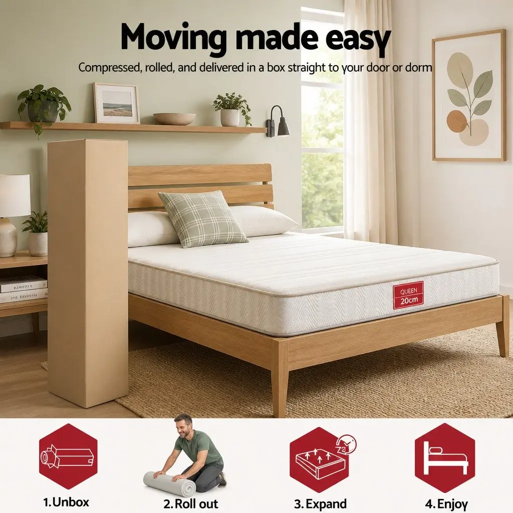 Queen Mattress 20cm Medium-Firm Egg-Crate Foam Pocket Spring Reinforced Edge Support
