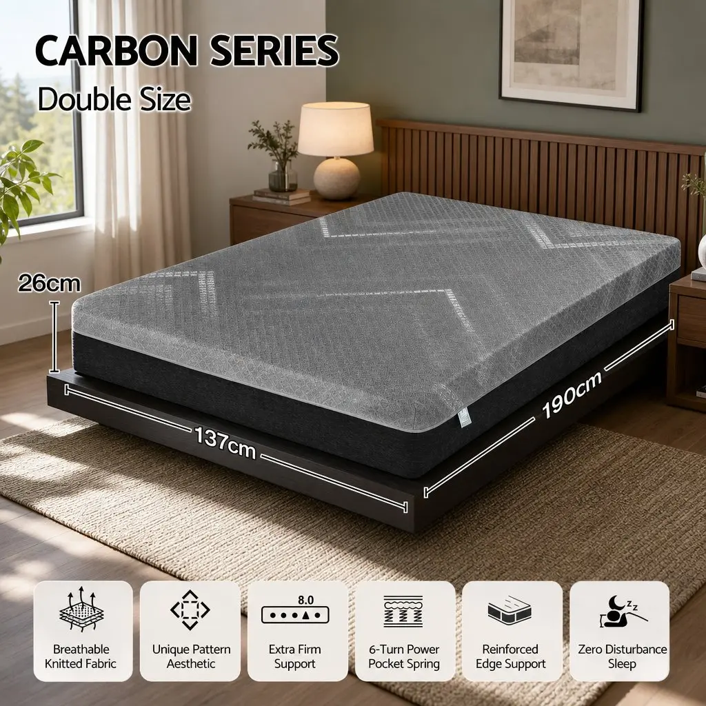 Double Mattress 26cm Firm Pocket Spring Dual Edge Support Grey Breathable