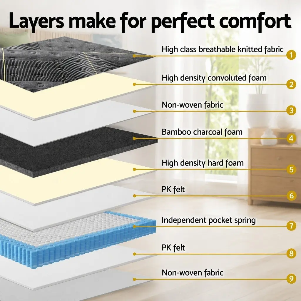 King Size Mattress 35cm Hybrid Pocket Spring Bamboo Charcoal Foam Euro Top Medium-Firm
