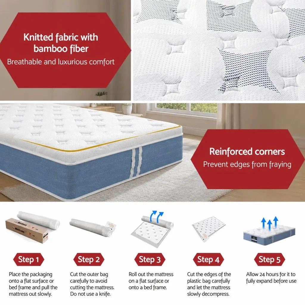King Single Mattress 25cm Pocket Spring Euro Top Medium Firm Support Bamboo Fibre