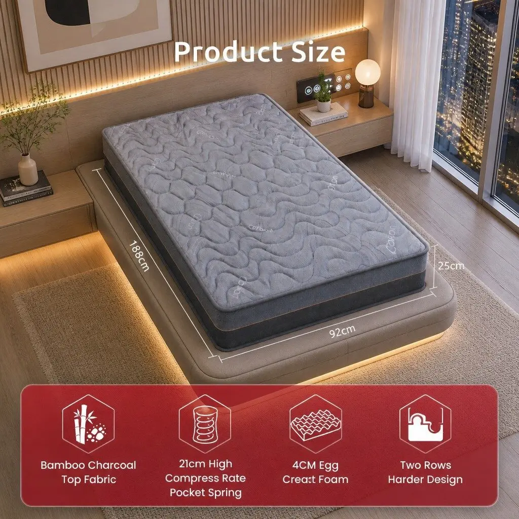 Single Mattress 25cm Bamboo Charcoal Fabric Pocket Spring Foam Firm Support
