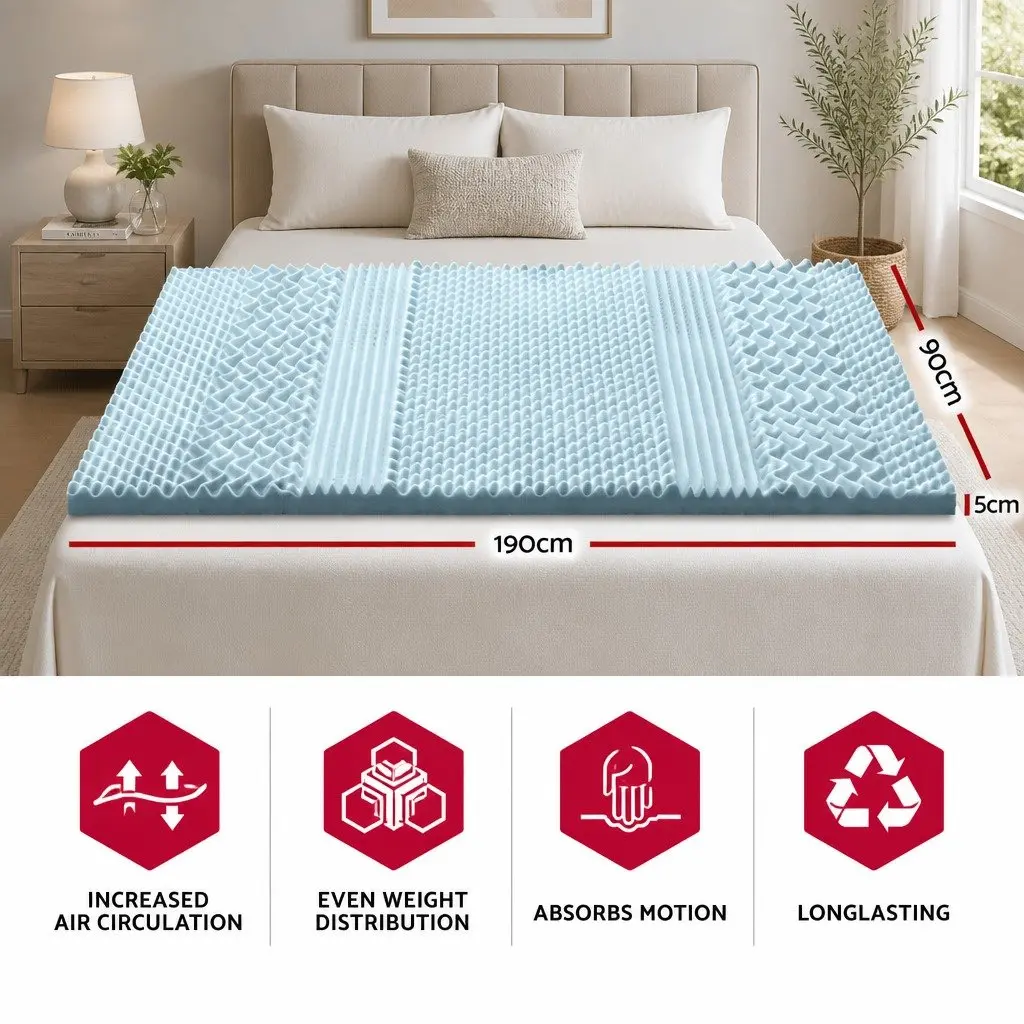 Memory Foam Mattress Topper Single 5cm 7-Zone Contoured Support Orthopedic Comfort Pad