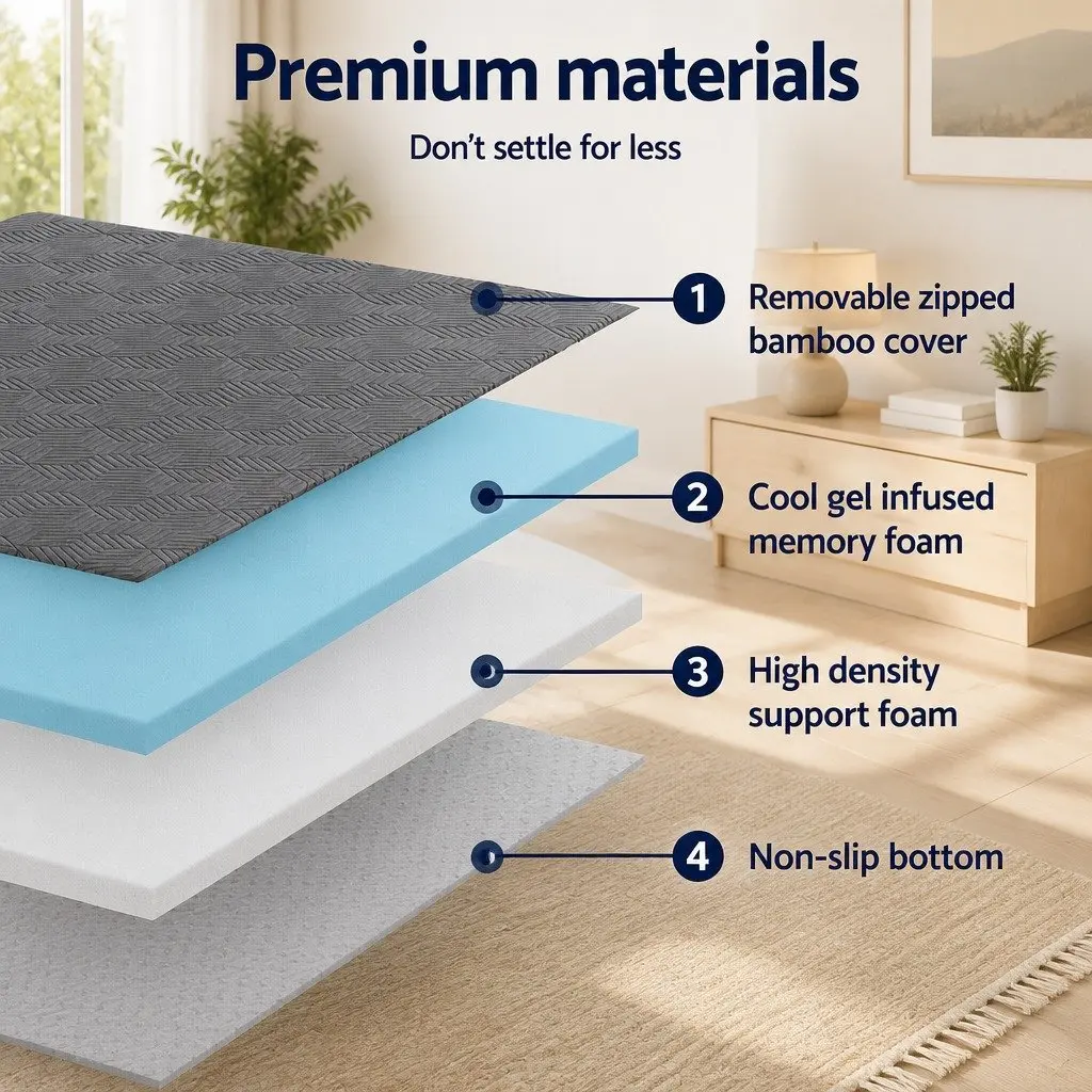 Memory Foam Mattress Topper 8cm Gel Dual Layer Bamboo Cover Queen