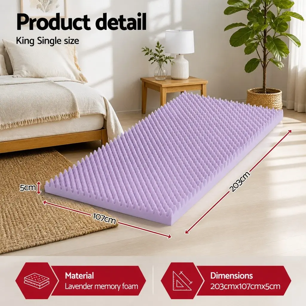 Memory Foam Mattress Topper 5cm King Single Lavender Infused Egg Crate Breathable Surface