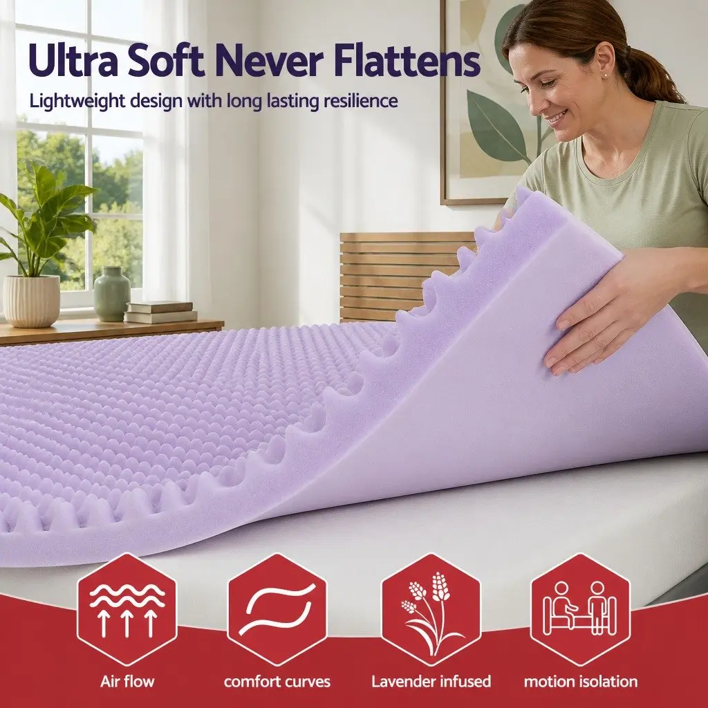 Memory Foam Mattress Topper 5cm King Single Lavender Infused Egg Crate Breathable Surface