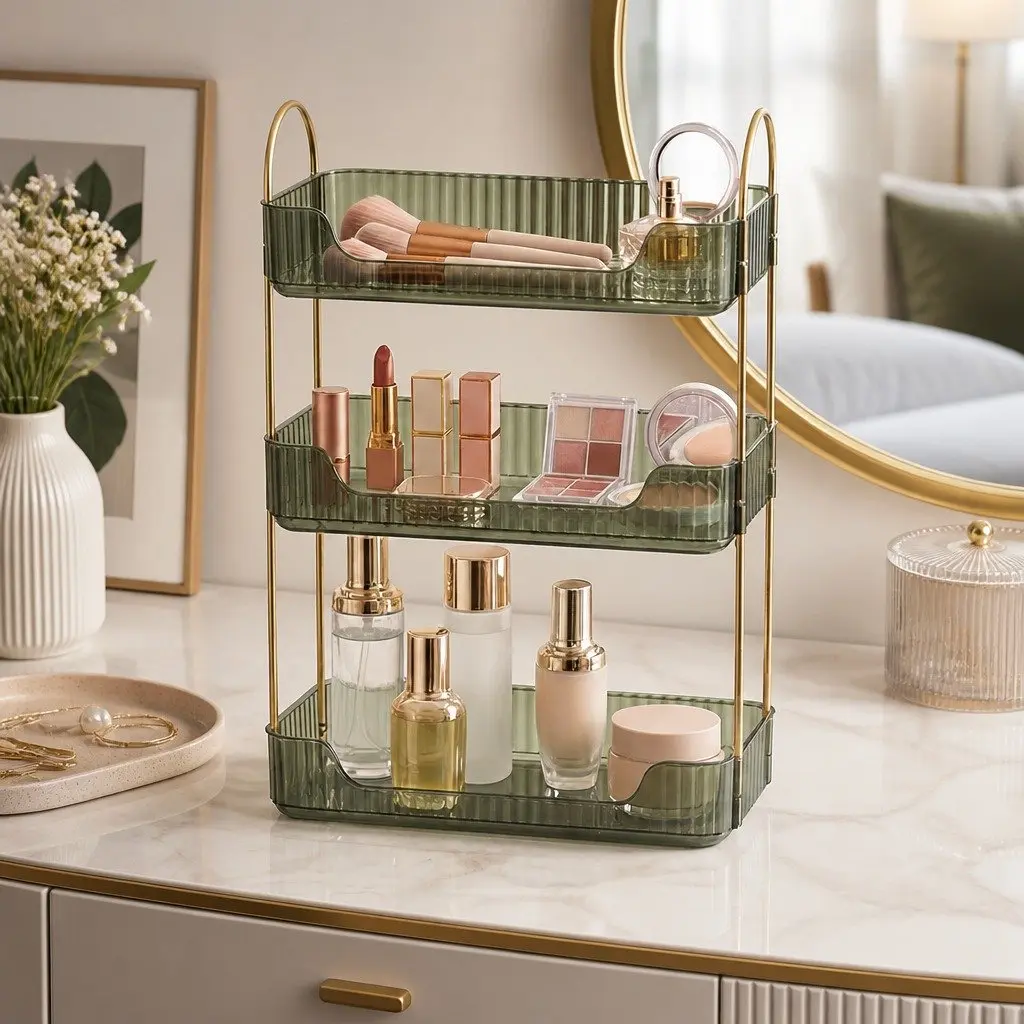 Makeup Organiser 3 Tier Cosmetic Storage Vanity Countertop Display Shelf Green