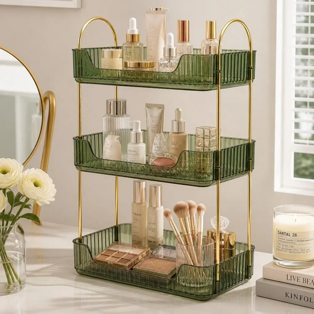 Makeup Organiser 3 Tier Cosmetic Storage Vanity Countertop Display Shelf Green