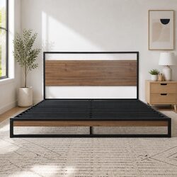 King Size Metal Bed Frame Industrial Design Steel MDF Slat Support Black