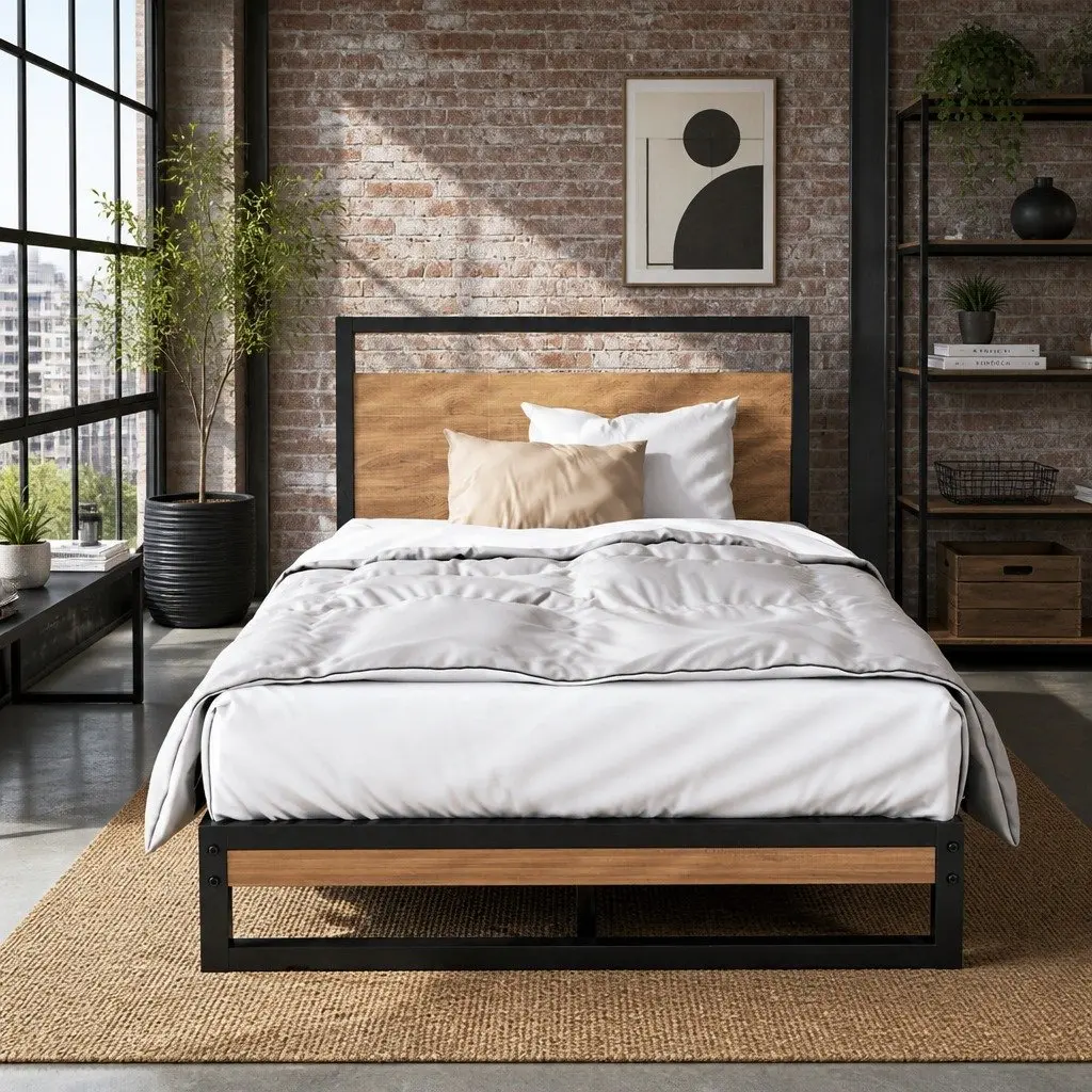 King Single Bed Frame Industrial Metal Wood Design Black Bedroom Furniture
