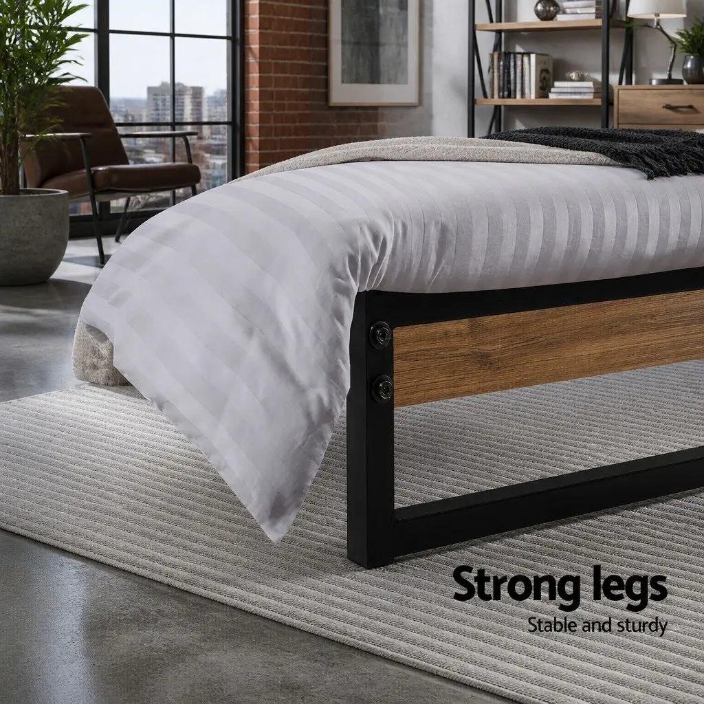 King Single Bed Frame Industrial Metal Wood Design Black Bedroom Furniture