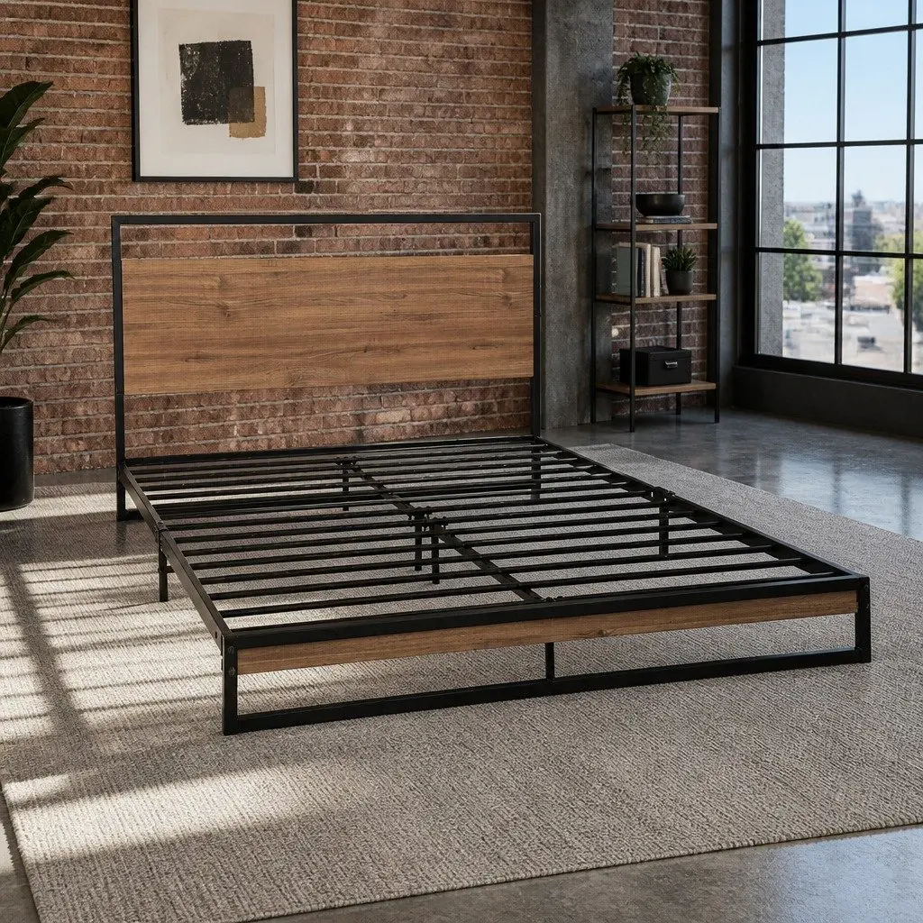 King Single Bed Frame Industrial Metal Wood Design Black Bedroom Furniture
