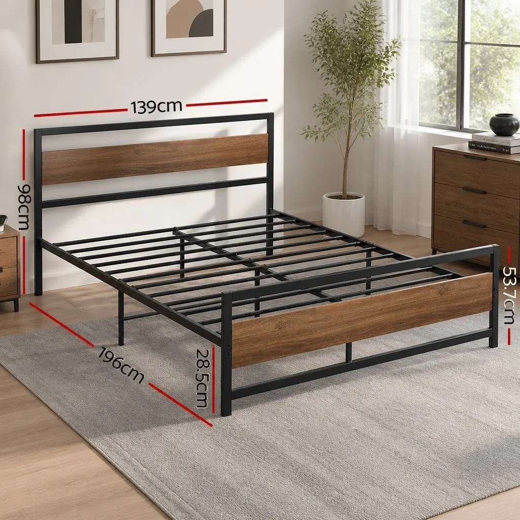 Double Size Bed Frame Industrial Style Black Metal Platform with Wooden Headboard